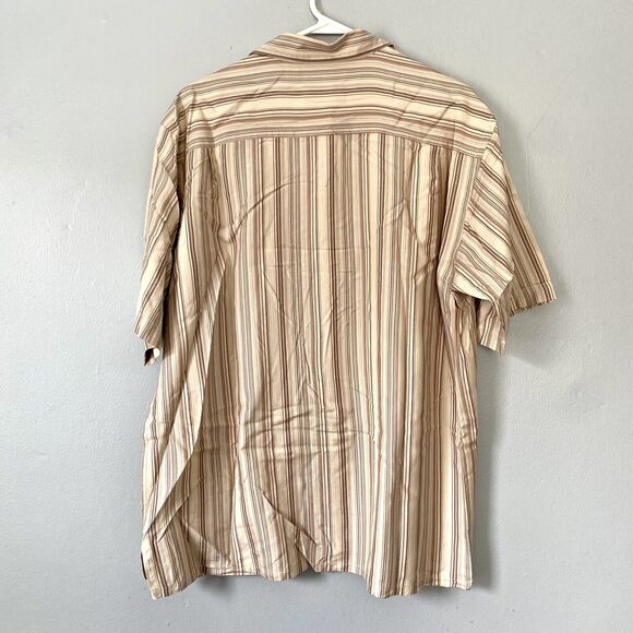 Murano Shirt Size Large Brown Tan Striped Short Sleeve Camp 100% Silk Button Up - Picture 2 of 7